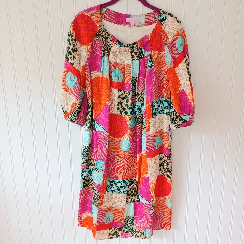 Lilly Pulitzer Pullover Silk Shift Dress Puff Sleeve Multicolor no belt